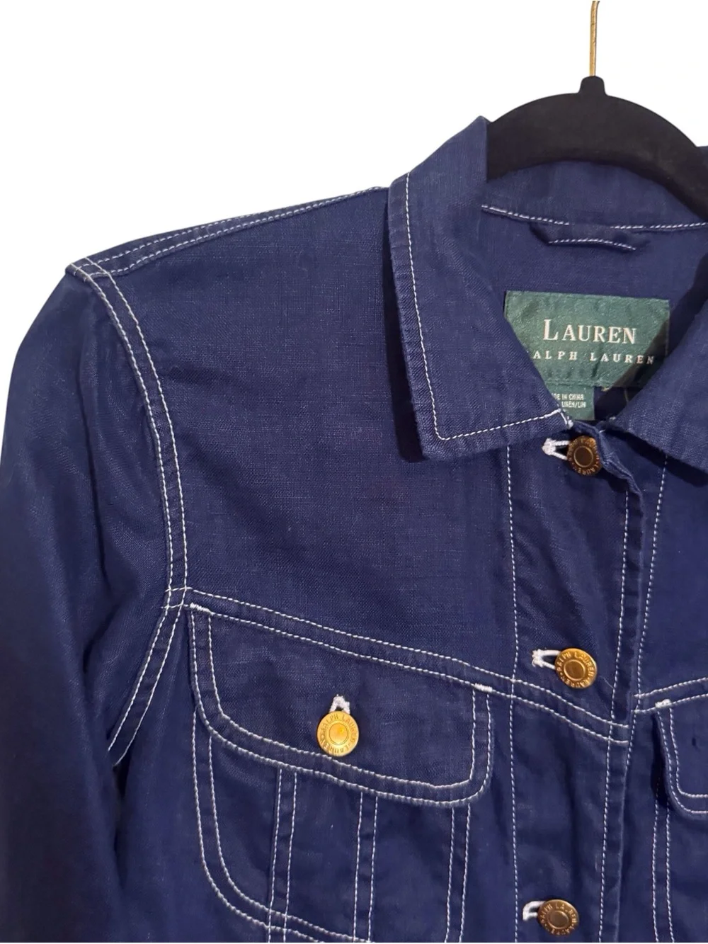 Lauren Ralph Lauren Size Small Blue Linen Jacket Stitch Pockets Western Denim - Picture 2 of 5